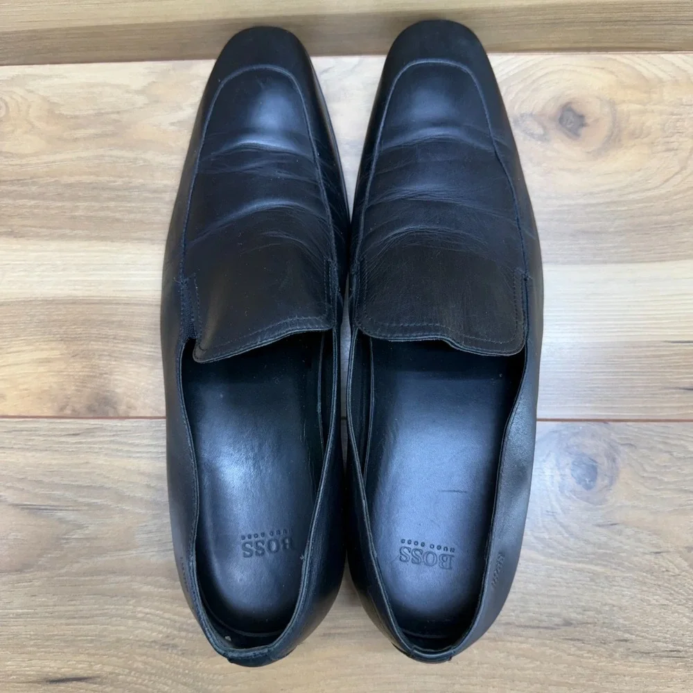 HUGO BOSS Dress Loafers Mens 9 Black Leather Square Toe